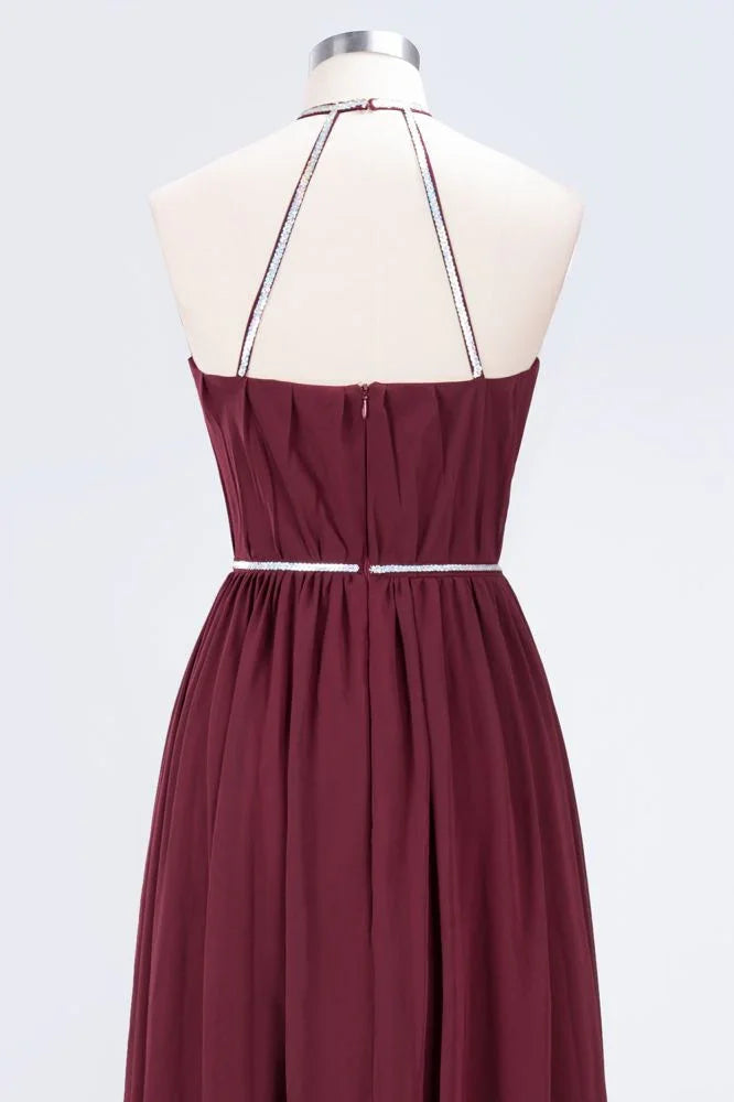 A-line Chiffon Halter Sleeveless Floor-Length Bridesmaid Dress with Beading Sash