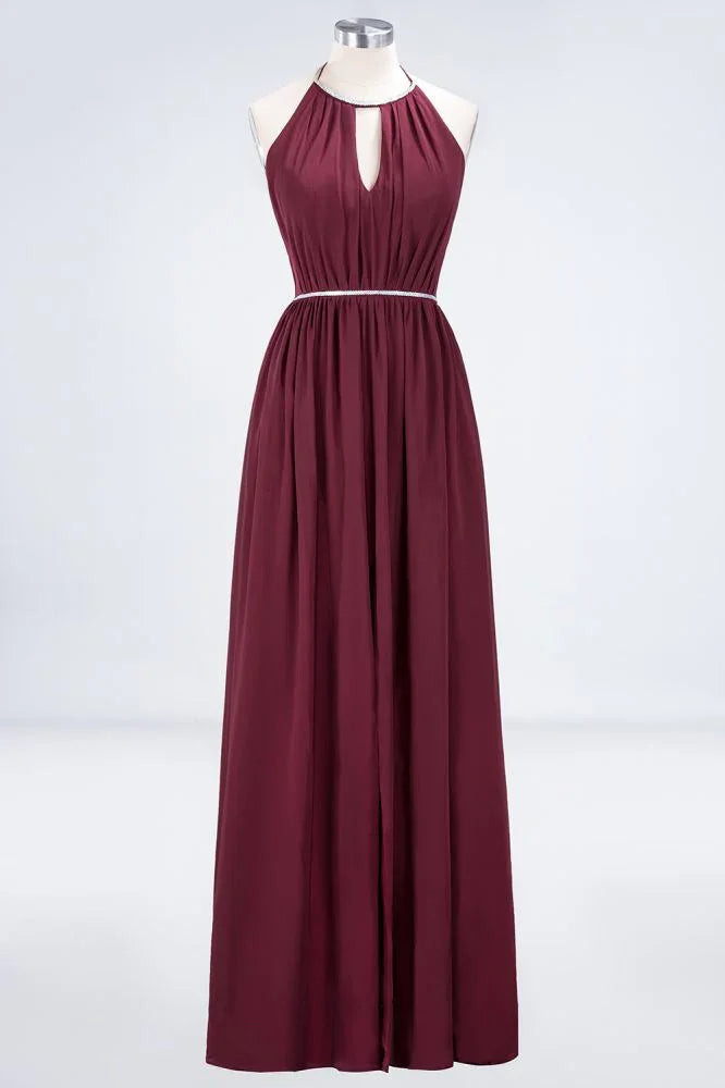 A-line Chiffon Halter Sleeveless Floor-Length Bridesmaid Dress with Beading Sash