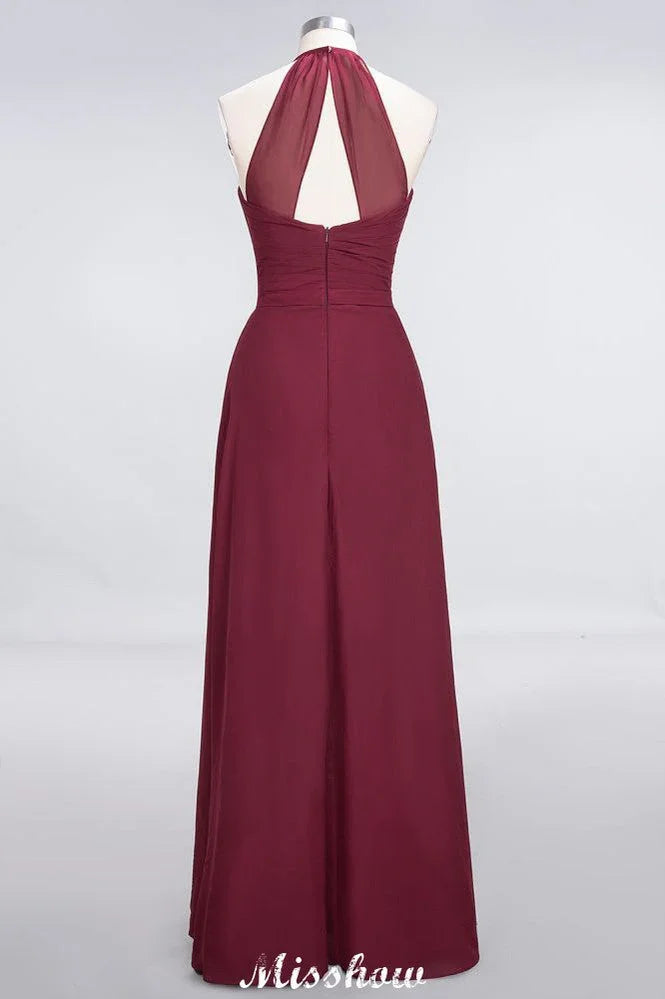 A-Line Chiffon Halter V-Neck Sleeveless Floor-Length Bridesmaid Dress with Ruffle
