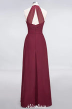 A-Line Chiffon Halter V-Neck Sleeveless Floor-Length Bridesmaid Dress with Ruffle