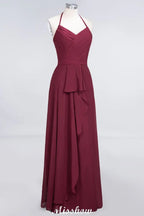 A-Line Chiffon Halter V-Neck Sleeveless Floor-Length Bridesmaid Dress with Ruffle