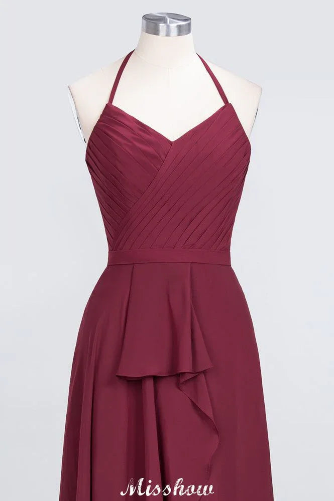 A-Line Chiffon Halter V-Neck Sleeveless Floor-Length Bridesmaid Dress with Ruffle