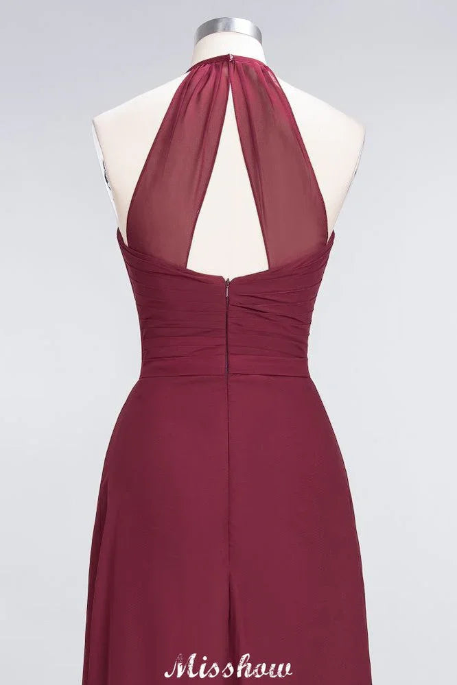 A-Line Chiffon Halter V-Neck Sleeveless Floor-Length Bridesmaid Dress with Ruffle