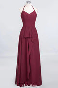 A-Line Chiffon Halter V-Neck Sleeveless Floor-Length Bridesmaid Dress with Ruffle