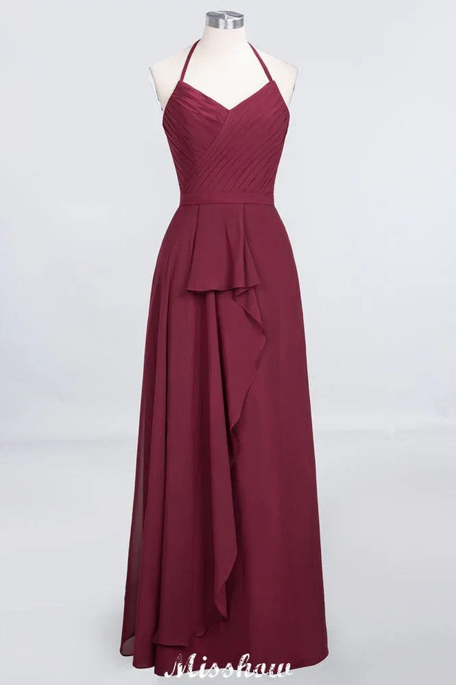 A-Line Chiffon Halter V-Neck Sleeveless Floor-Length Bridesmaid Dress with Ruffle