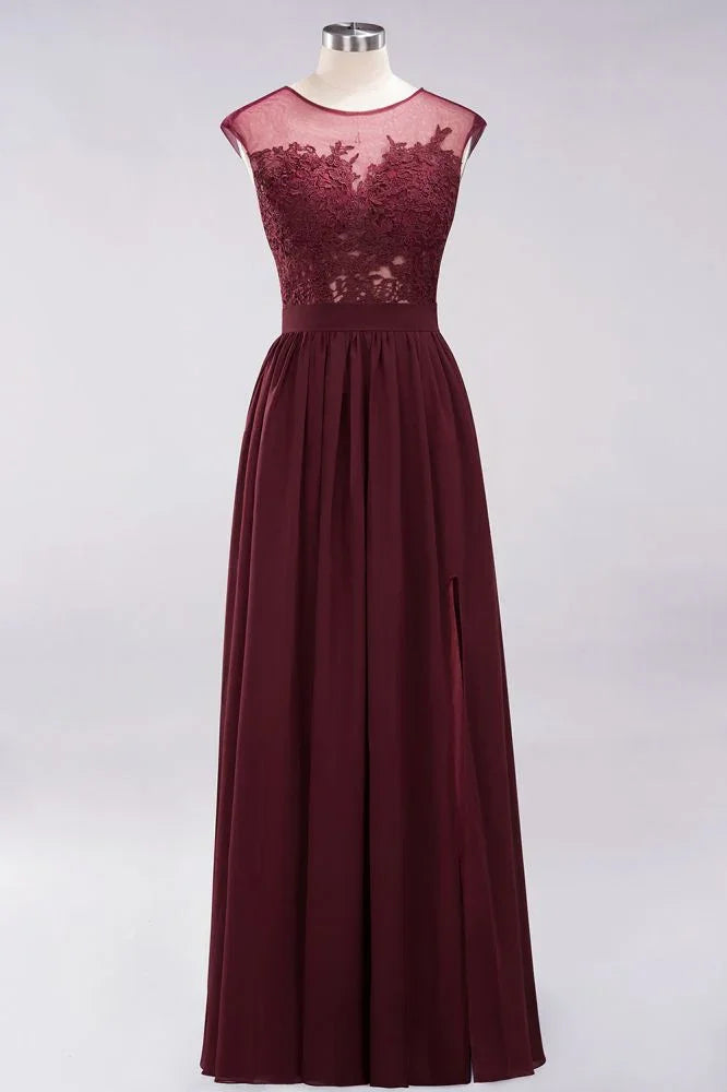 A-line Chiffon Lace Jewel Sleeveless Floor-Length Bridesmaid Dresses with Appliques