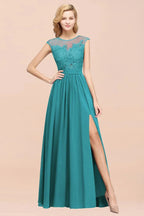 A-line Chiffon Lace Jewel Sleeveless Floor-Length Bridesmaid Dresses with Appliques