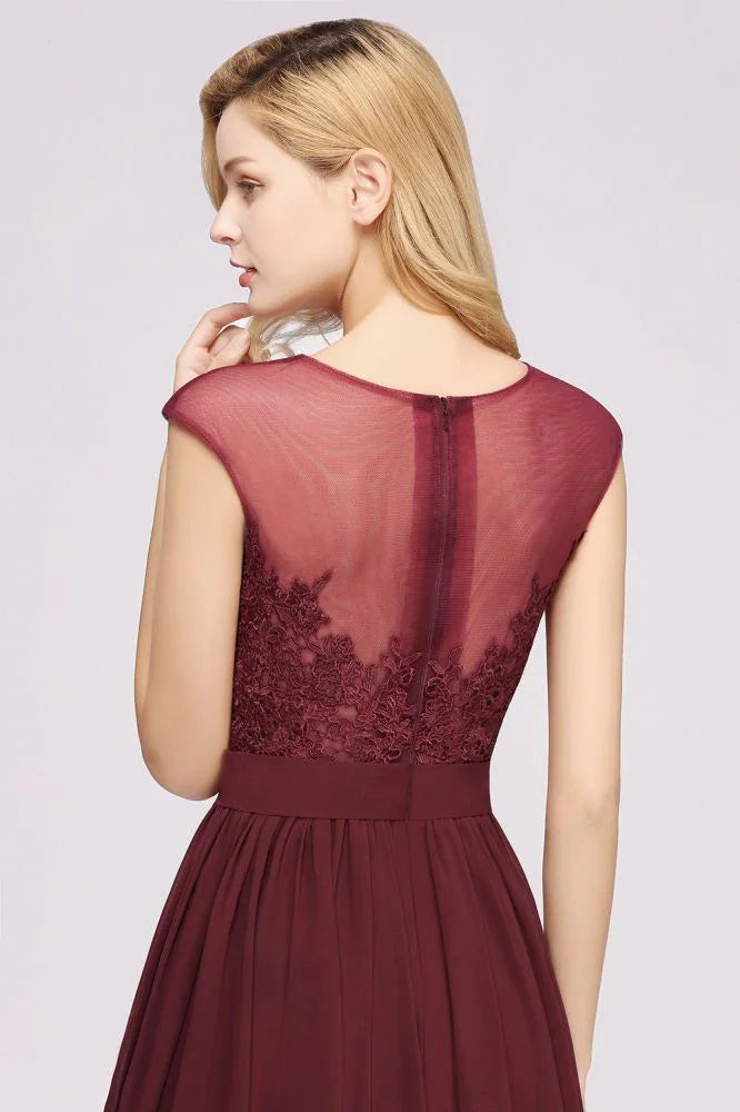A-line Chiffon Lace Jewel Sleeveless Floor-Length Bridesmaid Dresses with Appliques