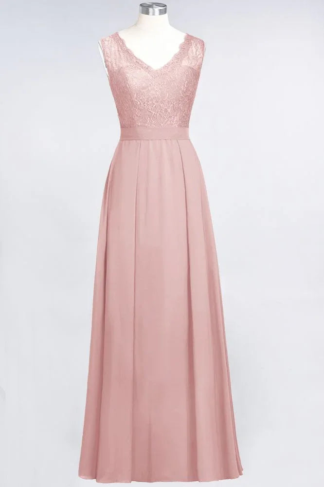 A-Line Chiffon Lace V-Neck Sleeveless Floor-Length Bridesmaid Dresses with Ruffles
