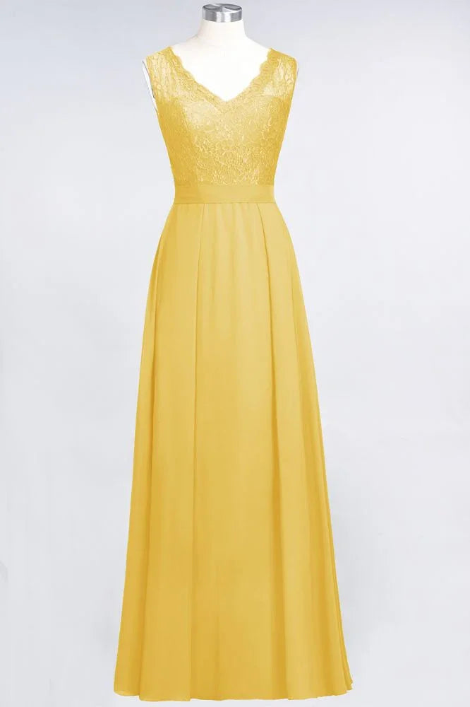 A-Line Chiffon Lace V-Neck Sleeveless Floor-Length Bridesmaid Dresses with Ruffles