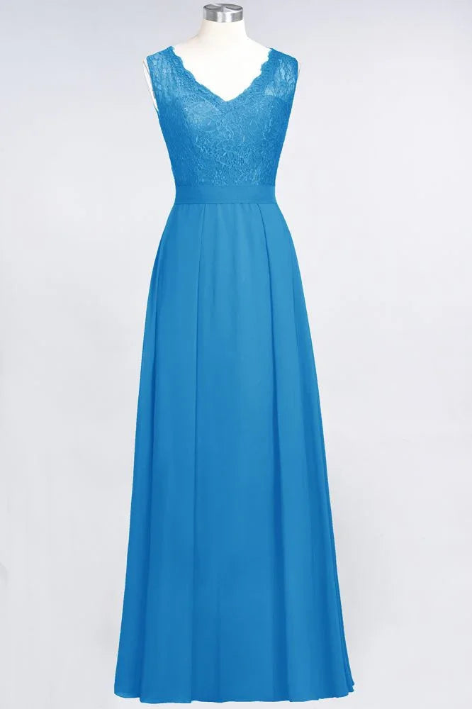 A-Line Chiffon Lace V-Neck Sleeveless Floor-Length Bridesmaid Dresses with Ruffles