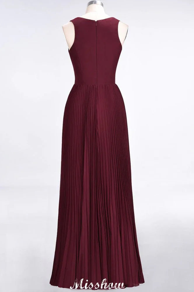 A-Line Chiffon V-Neck Sleeveless Bridesmaid Dress Floor-Length Ruffles Side Split Evening Gown