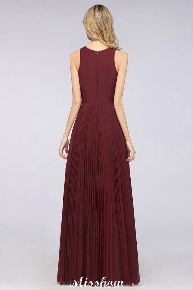 A-Line Chiffon V-Neck Sleeveless Bridesmaid Dress Floor-Length Ruffles Side Split Evening Gown