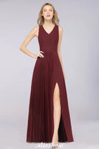 A-Line Chiffon V-Neck Sleeveless Bridesmaid Dress Floor-Length Ruffles Side Split Evening Gown