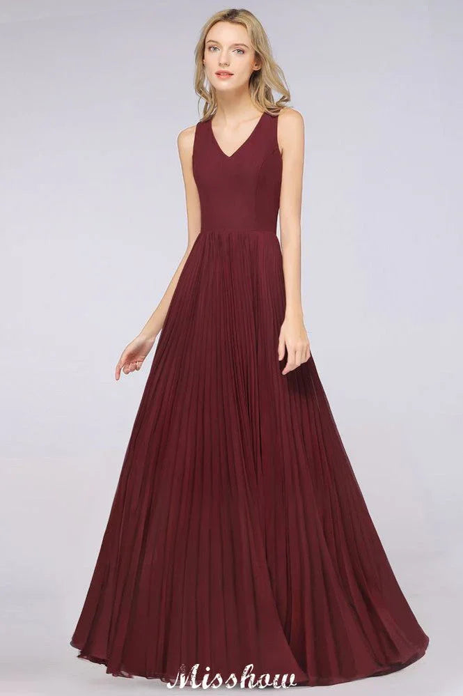 A-Line Chiffon V-Neck Sleeveless Bridesmaid Dress Floor-Length Ruffles Side Split Evening Gown