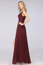A-Line Chiffon V-Neck Sleeveless Bridesmaid Dress Floor-Length Ruffles Side Split Evening Gown