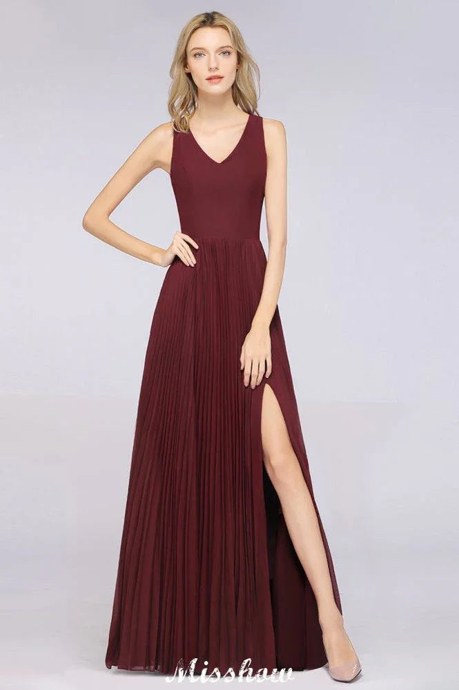 A-Line Chiffon V-Neck Sleeveless Bridesmaid Dress Floor-Length Ruffles Side Split Evening Gown