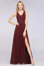 A-Line Chiffon V-Neck Sleeveless Bridesmaid Dress Floor-Length Ruffles Side Split Evening Gown