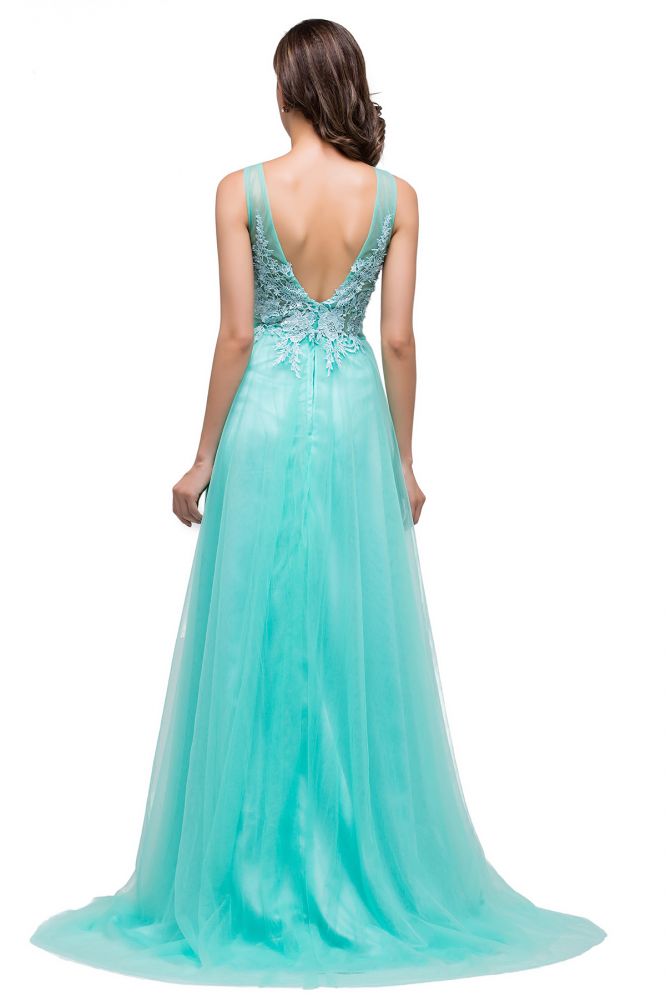 A-line Court Train Tulle Evening Dress with Appliques