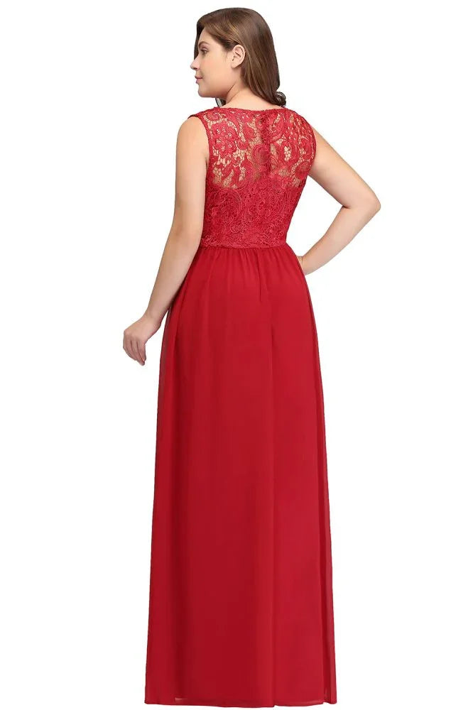 A-Line Crew Floor Length Sleeveless Plus size Lace Chiffon Evening Dresses