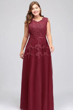 A-Line Crew Floor Length Sleeveless Plus size Tulle Appliqued Evening Dresses with Crystals