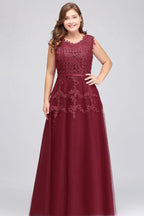 A-Line Crew Floor Length Sleeveless Plus size Tulle Appliqued Evening Dresses with Crystals
