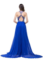 A-line Crew Floor-length Sleeveless Tulle Prom Dresses with Crystal Beads