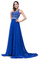 A-line Crew Floor-length Sleeveless Tulle Prom Dresses with Crystal Beads