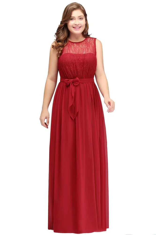 A-Line Crew Long Sleeveless Plus size Chiffon Evening Dresses with Ruffles Bow