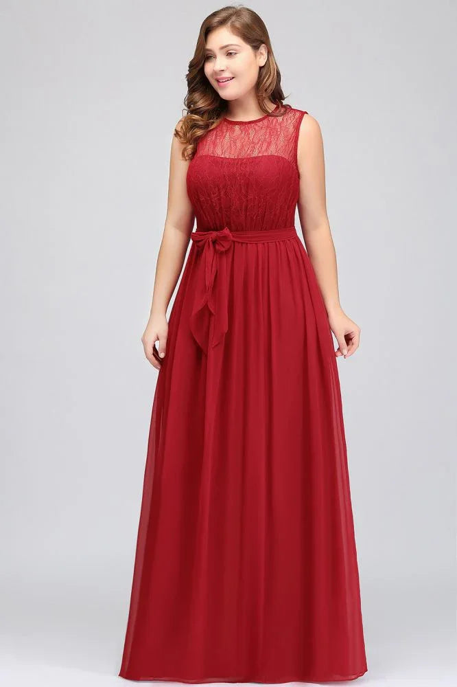 A-Line Crew Long Sleeveless Plus size Chiffon Evening Dresses with Ruffles Bow