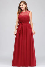 A-Line Crew Long Sleeveless Plus size Chiffon Evening Dresses with Ruffles Bow