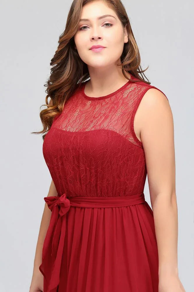 A-Line Crew Long Sleeveless Plus size Chiffon Evening Dresses with Ruffles Bow
