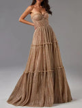 Vestido de Noite Sunnderly em Linha A, Vestido Cintilante, Formal para Convidada de Casamento, Comprimento até ao Chão, Sem Mangas, Sem Alças, Tule com Pregas