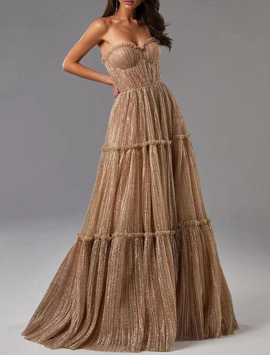 Vestido de Noite Sunnderly em Linha A, Vestido Cintilante, Formal para Convidada de Casamento, Comprimento até ao Chão, Sem Mangas, Sem Alças, Tule com Pregas