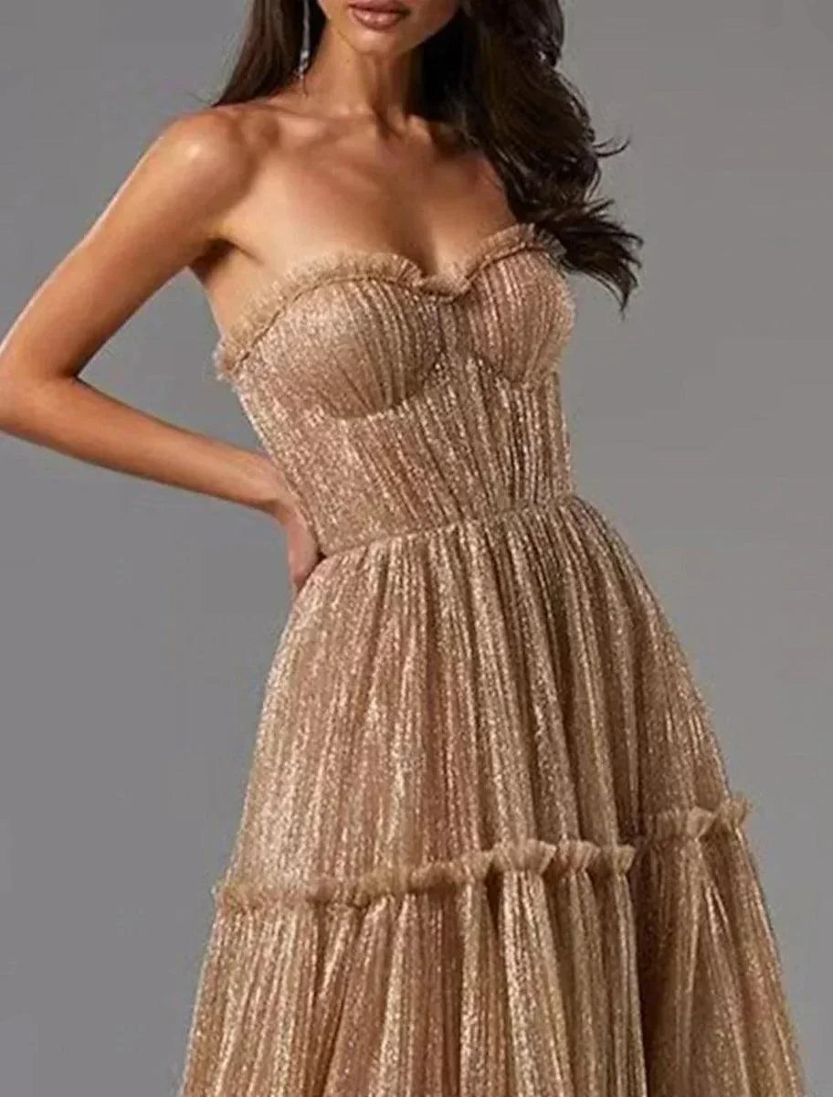 Vestido de Noite Sunnderly em Linha A, Vestido Cintilante, Formal para Convidada de Casamento, Comprimento até ao Chão, Sem Mangas, Sem Alças, Tule com Pregas
