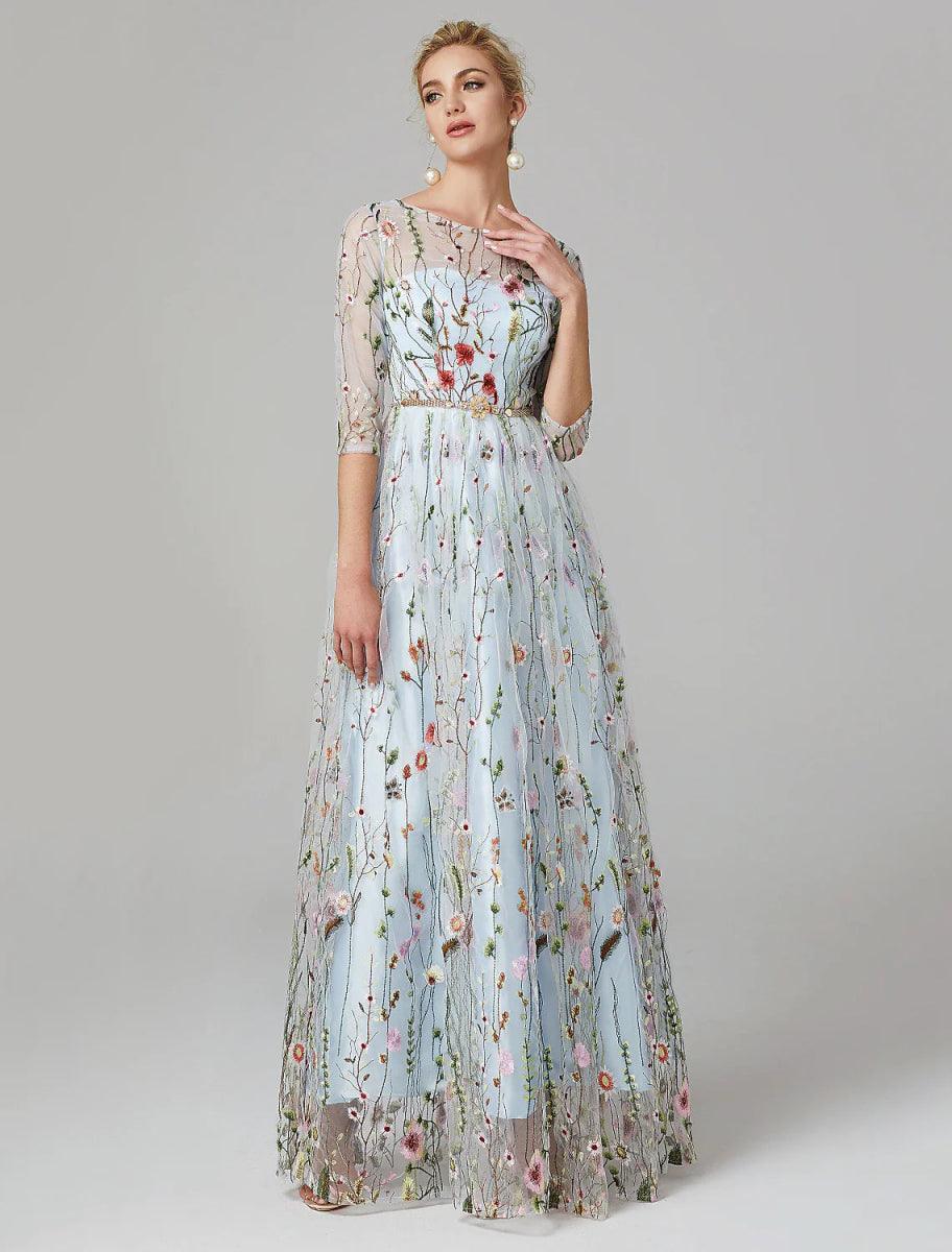Vestido de Festa Sunnderly em Linha A, Vestido Floral para Noite, Convidada de Casamento de Férias, Comprimento até ao Chão, Manga 3/4, Decote Ilusão, Renda com Bordado