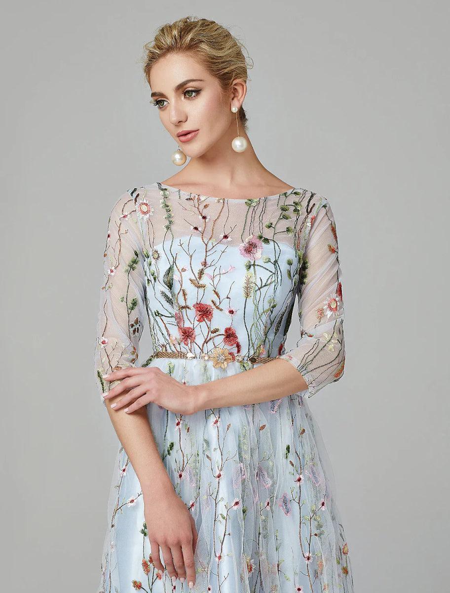 Vestido de Festa Sunnderly em Linha A, Vestido Floral para Noite, Convidada de Casamento de Férias, Comprimento até ao Chão, Manga 3/4, Decote Ilusão, Renda com Bordado