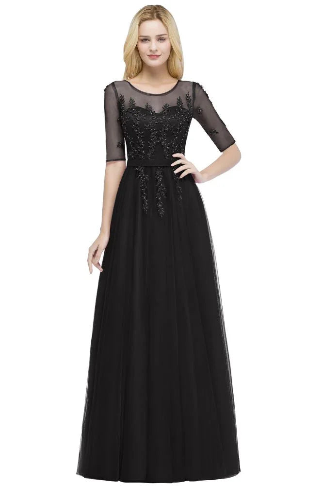 A-line Floor Length Appliques Tulle Bridesmaid Dress Half Sleeve Evening Dress