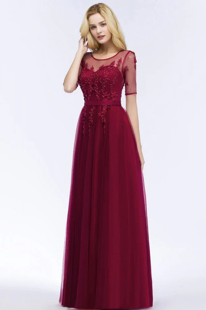 A-line Floor Length Appliques Tulle Bridesmaid Dress Half Sleeve Evening Dress