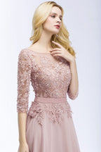A-line Floor Length Half Sleeves Appliques Bridesmaid Dresses with Sash