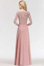 A-line Floor Length Lace Chiffon Bridesmaid Dresses with Sleeves