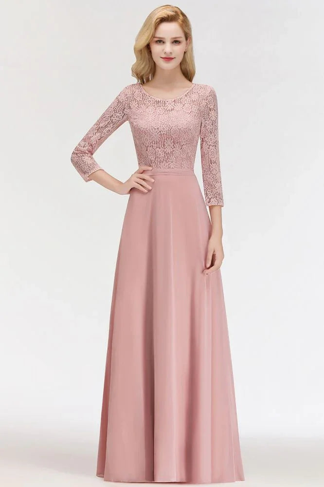 A-line Floor Length Lace Chiffon Bridesmaid Dresses with Sleeves