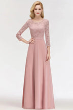 A-line Floor Length Lace Chiffon Bridesmaid Dresses with Sleeves