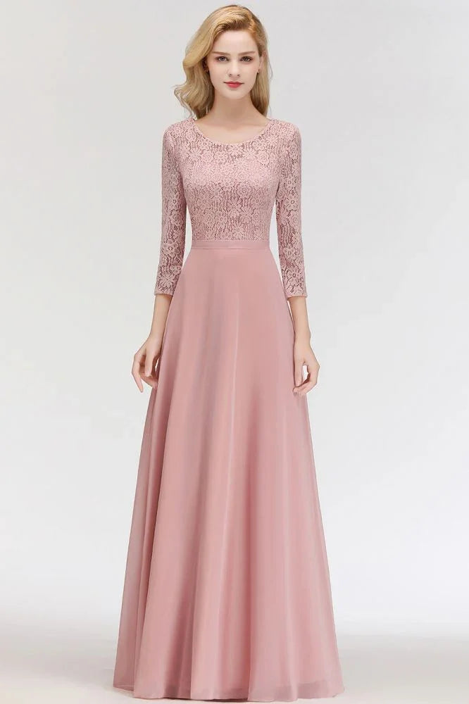 A-line Floor Length Lace Chiffon Bridesmaid Dresses with Sleeves
