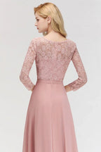 A-line Floor Length Lace Chiffon Bridesmaid Dresses with Sleeves