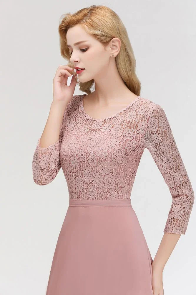 A-line Floor Length Lace Chiffon Bridesmaid Dresses with Sleeves