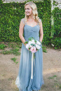 A-line Floor-Length Turquoise Sleeveless Tulle Bridesmaid Dress BD041