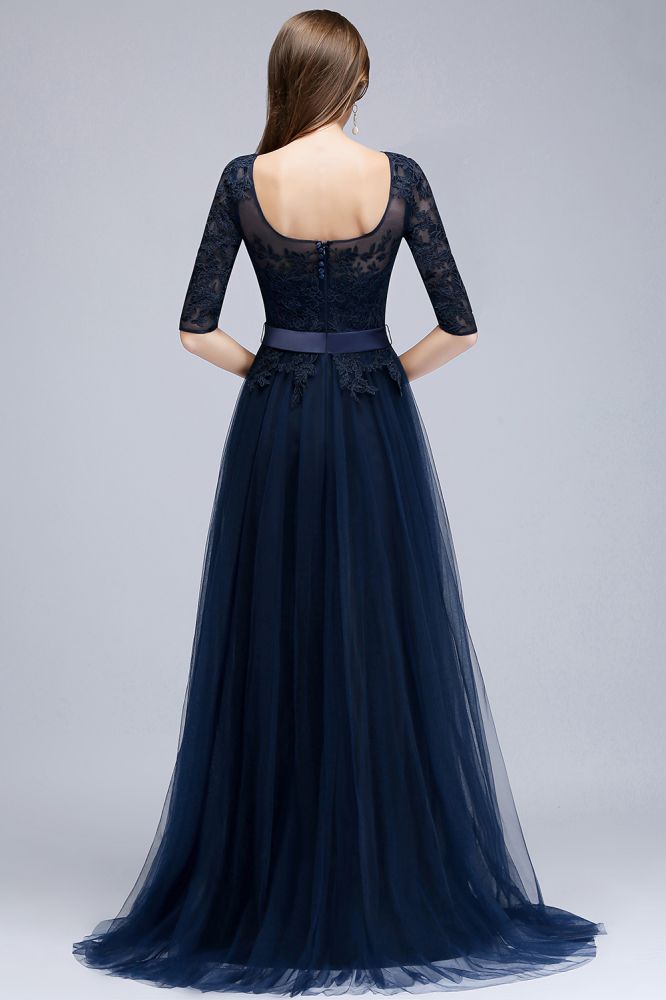 A-line Half Sleeves Floor Length Slit Appliqued Tulle Prom Dresses with Sash