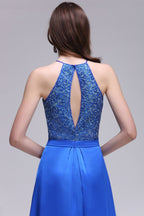 A-line Halter Neck Chiffon Royal Blue Prom Dresses with Sequins