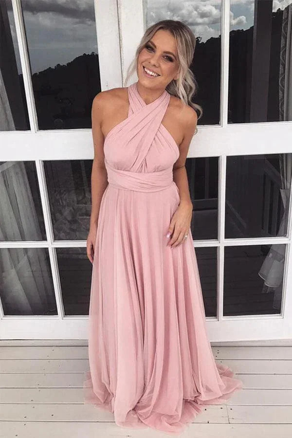 A-line Halter Pink Chiffon Long Bridesmaid Dress 4 Bridesmaid BD075